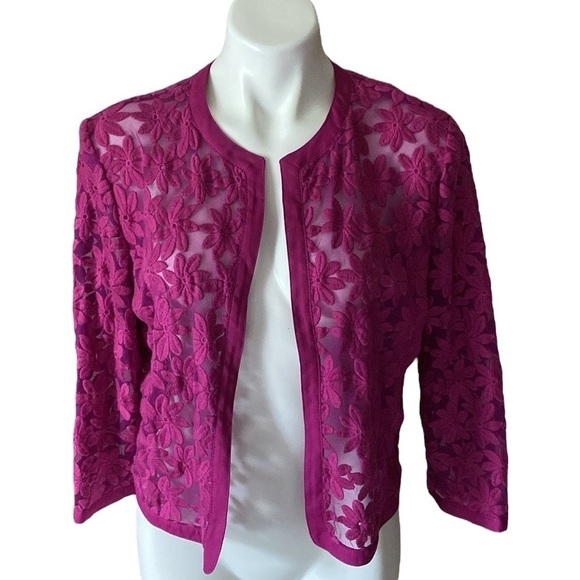 Anne Klein Pink Floral Sheer Open Front Lightweight Jacket Size 12 Spring Summer - Picture 1 of 8
